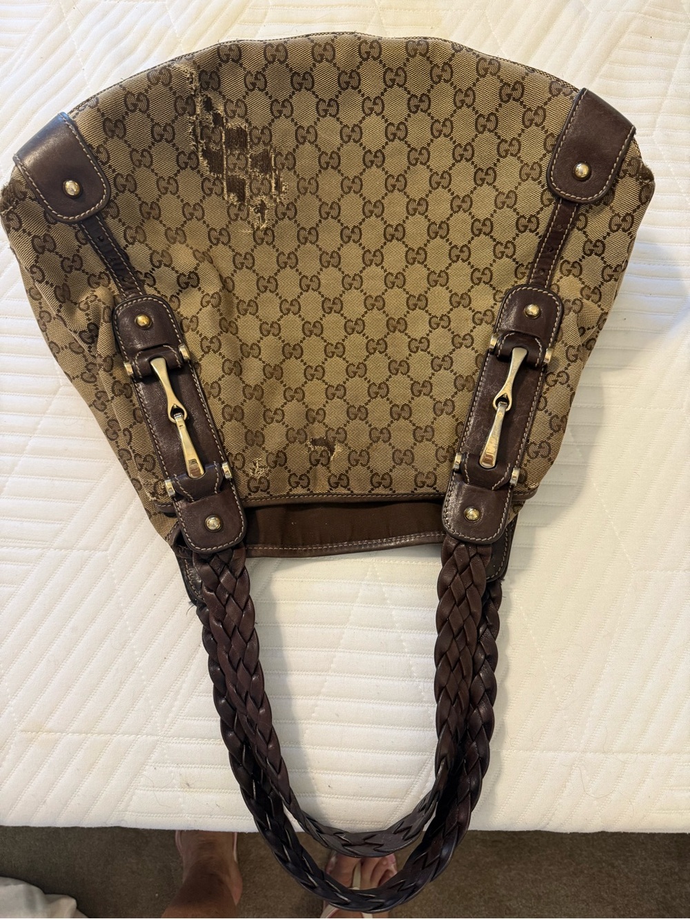 Gucci Beige GG Canvas Braided-Handle Shoulder Bag with Dark Brown Trim - Picture 8 of 14